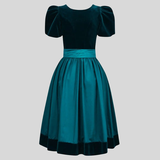 Teal Velvet Dirndl Dress, Puff Sleeve Taffeta Skirt, Bavarian Festival Outfit