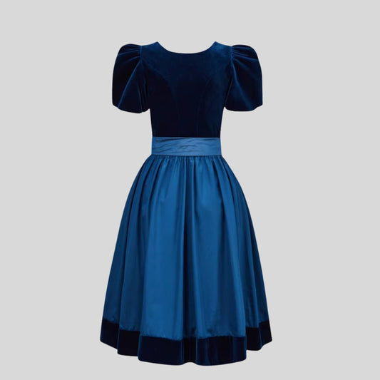 Navy Blue Velvet Dirndl Dress with Satin Apron | Traditional German Oktoberfest