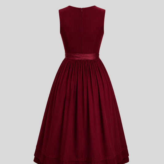 Burgundy Velvet Dirndl Dress with Zip Front and Satin Bow – 2-Piece Oktoberfest Costume