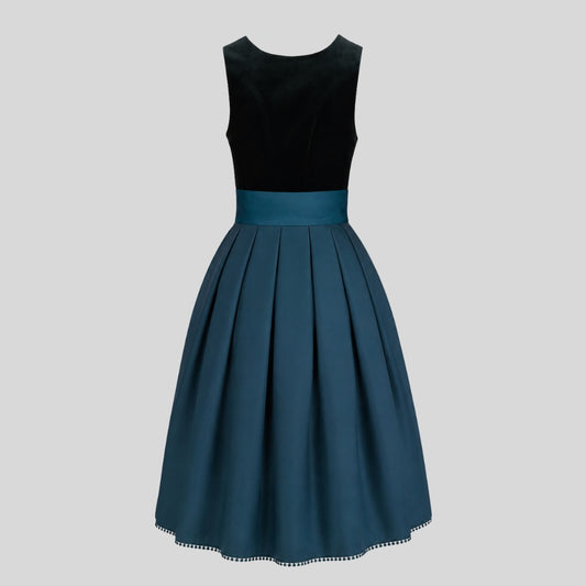 Dark Green Velvet Dirndl Dress with Teal Blue Skirt