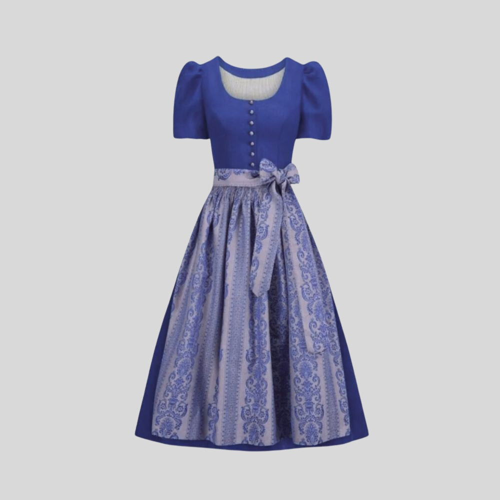 Authentic Blue Cotton Dirndl Dress | Traditional Bavarian Oktoberfest Costume with Blouse & Printed Apron