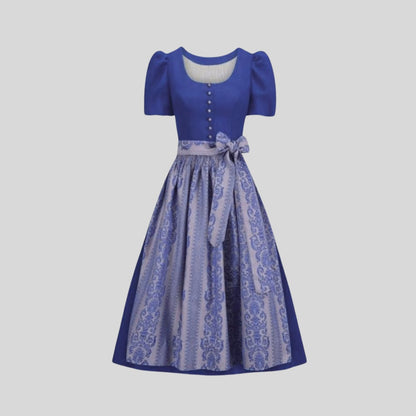 Authentic Blue Cotton Dirndl Dress | Traditional Bavarian Oktoberfest Costume with Blouse & Printed Apron