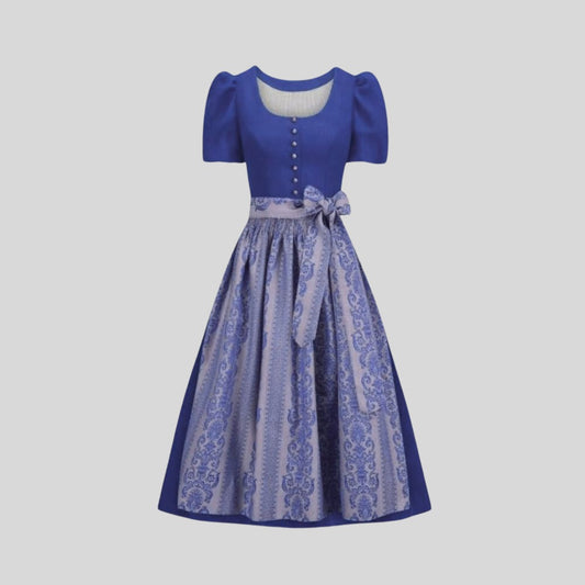 Authentic Blue Cotton Dirndl Dress | Traditional Bavarian Oktoberfest Costume with Blouse & Printed Apron