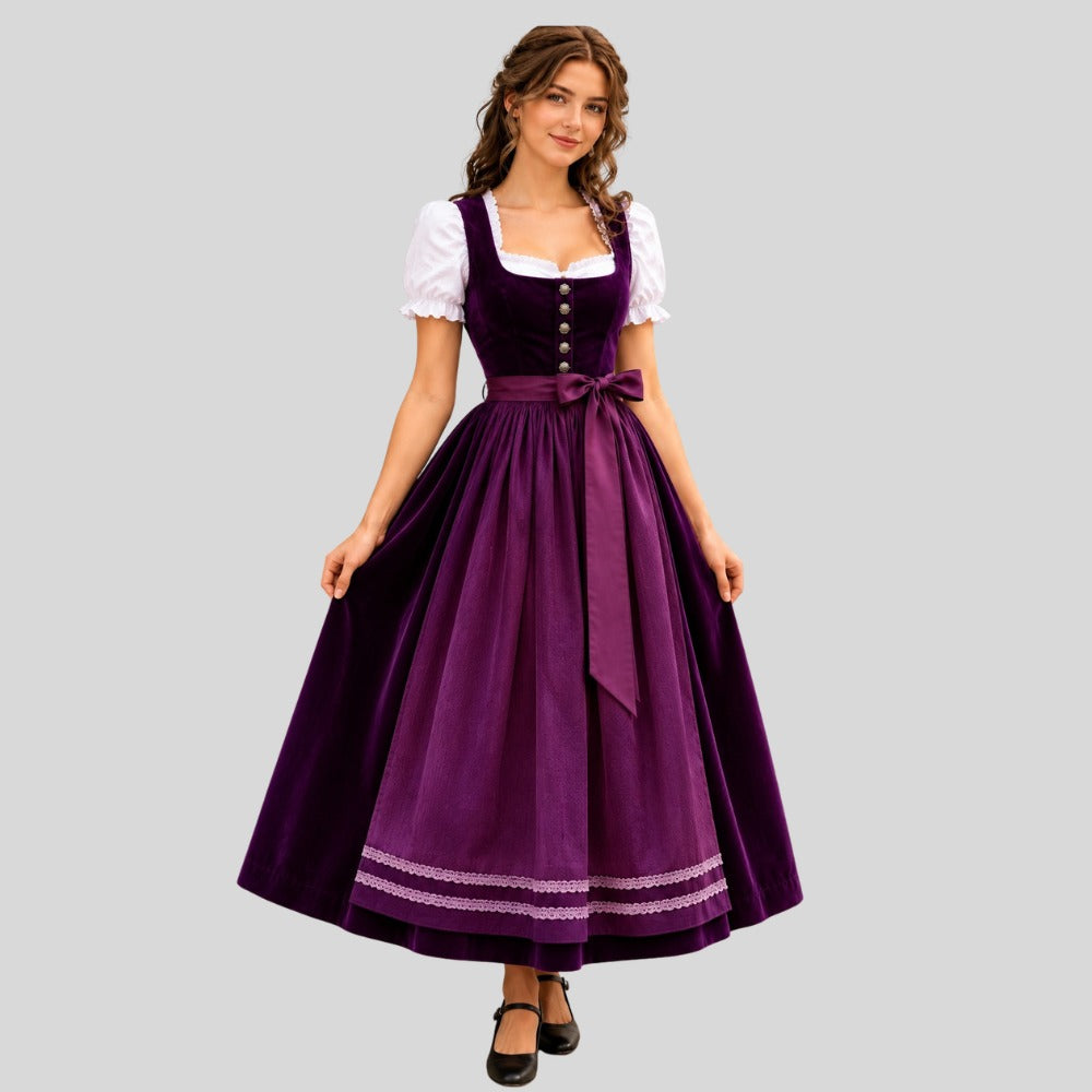 Purple Velvet Dirndl Dress | Traditional Bavarian Trachten Outfit, White Blouse Included