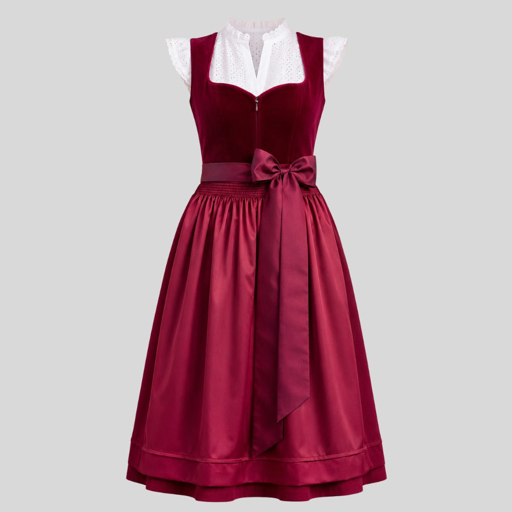 Burgundy Velvet Dirndl Dress with White Blouse | Traditional German Trachten Outfit