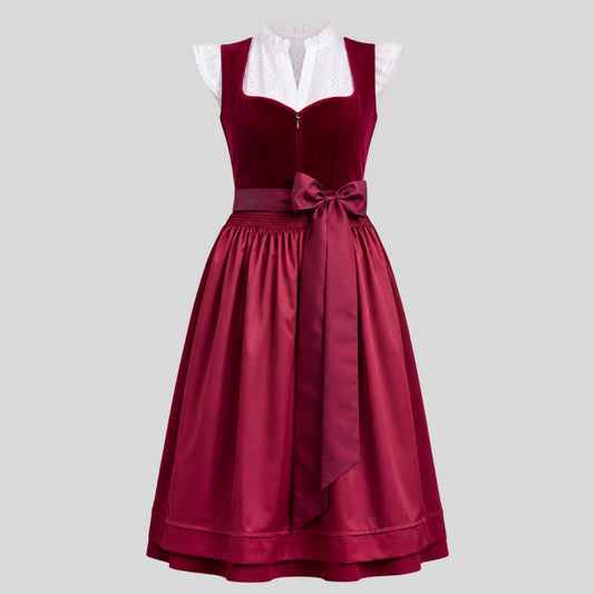 Burgundy Velvet Dirndl Dress with White Blouse | Traditional German Trachten Outfit