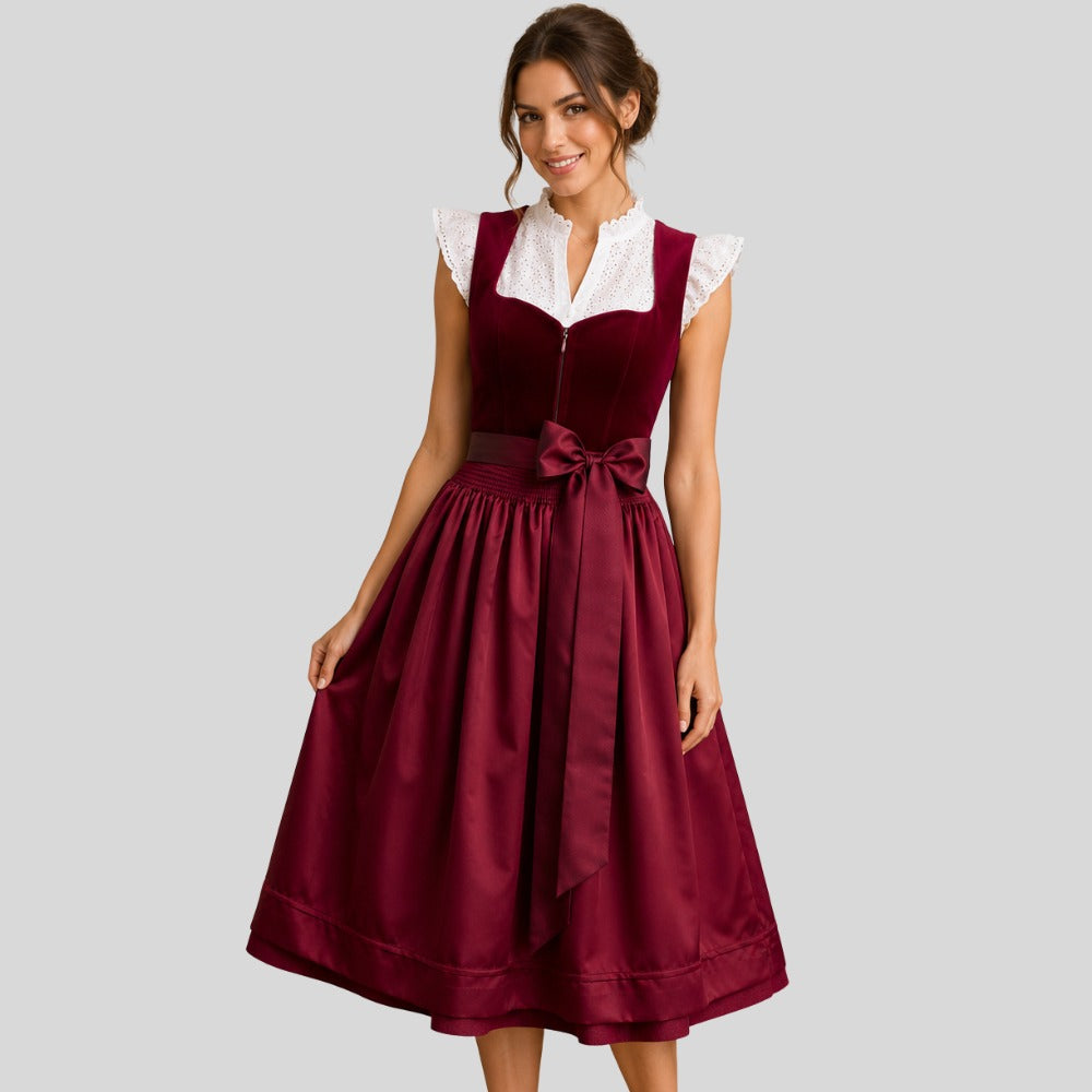 Burgundy Velvet Dirndl Dress with White Blouse | Traditional German Trachten Outfit