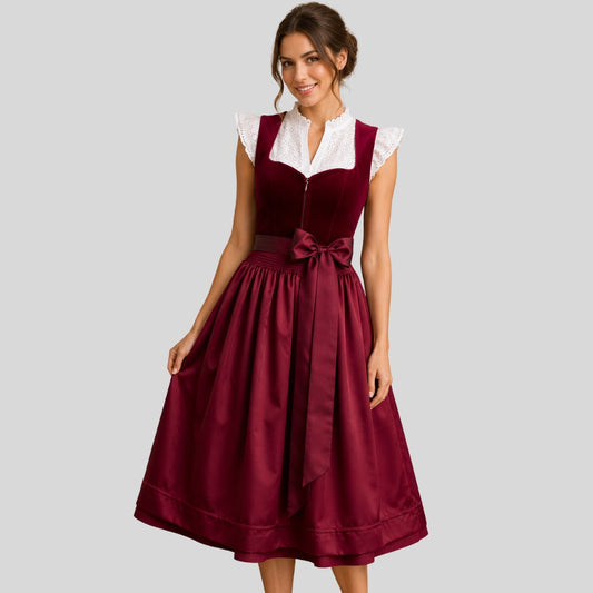 Burgundy Velvet Dirndl Dress with White Blouse | Traditional German Trachten Outfit