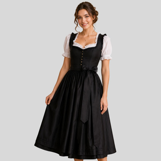 Black Dirndl Dress with White Blouse | Traditional German Trachten Midi Folk Outfit