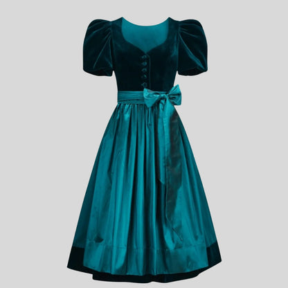Teal Velvet Dirndl Dress | Puff Sleeve Bavarian Dress with Taffeta Skirt | Traditional German Oktoberfest Outfit for Women