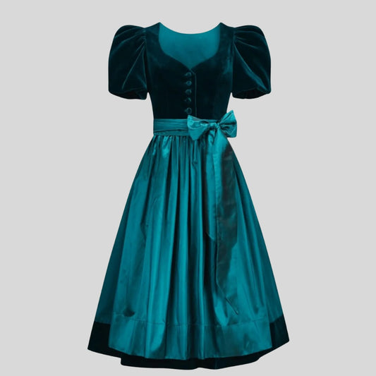 Teal Velvet Dirndl Dress | Puff Sleeve Bavarian Dress with Taffeta Skirt | Traditional German Oktoberfest Outfit for Women