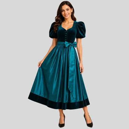 Teal Velvet Dirndl Dress | Puff Sleeve Bavarian Dress with Taffeta Skirt | Traditional German Oktoberfest Outfit for Women