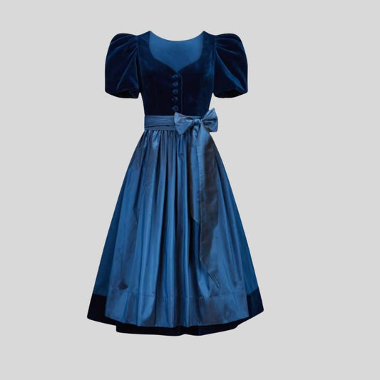 Navy Blue Velvet Dirndl Dress with Satin Apron | Traditional German Oktoberfest