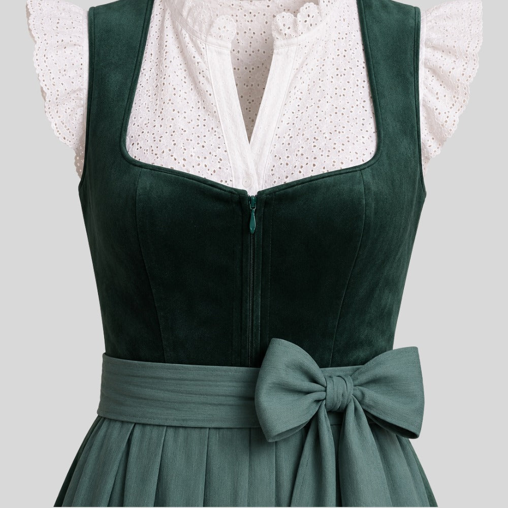 Dark Green Velvet Dirndl Dress with Sage Apron | Traditional Bavarian Oktoberfest Outfit