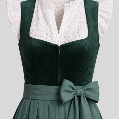 Dark Green Velvet Dirndl Dress with Sage Apron | Traditional Bavarian Oktoberfest Outfit