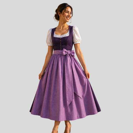 Purple Two-Tone Dirndl Midi Dress with Button-Front Bodice and Bow Belt – 2-Piece Set