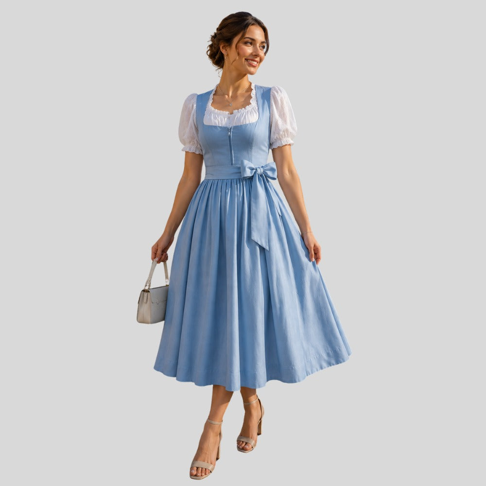 Dusty Blue Dirndl-Style Midi Dress with Puff Sleeve Blouse and Bow Belt – 2-Piece Set