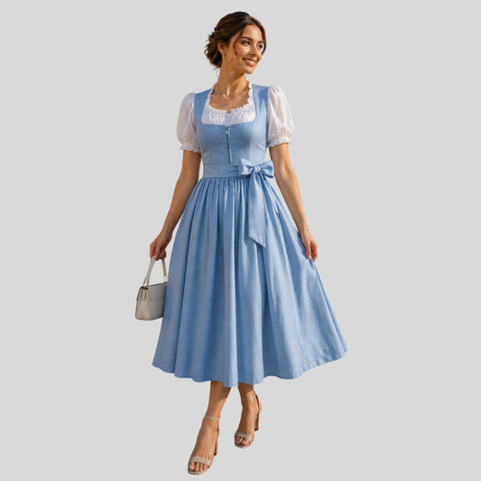 Dusty Blue Dirndl-Style Midi Dress with Puff Sleeve Blouse and Bow Belt – 2-Piece Set