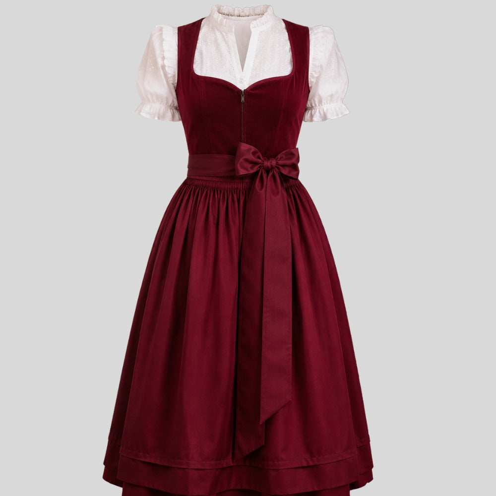 Burgundy Velvet Dirndl Dress with Zip Front and Satin Bow – 2-Piece Oktoberfest Costume