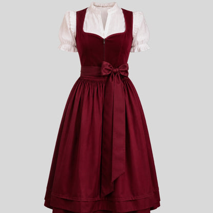 Burgundy Velvet Dirndl Dress with Zip Front and Satin Bow – 2-Piece Oktoberfest Costume