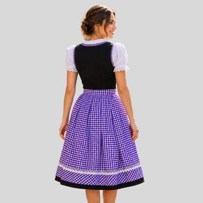 Purple Gingham Check Dirndl Dress with Floral Embroidery – 3-Piece Oktoberfest Costume