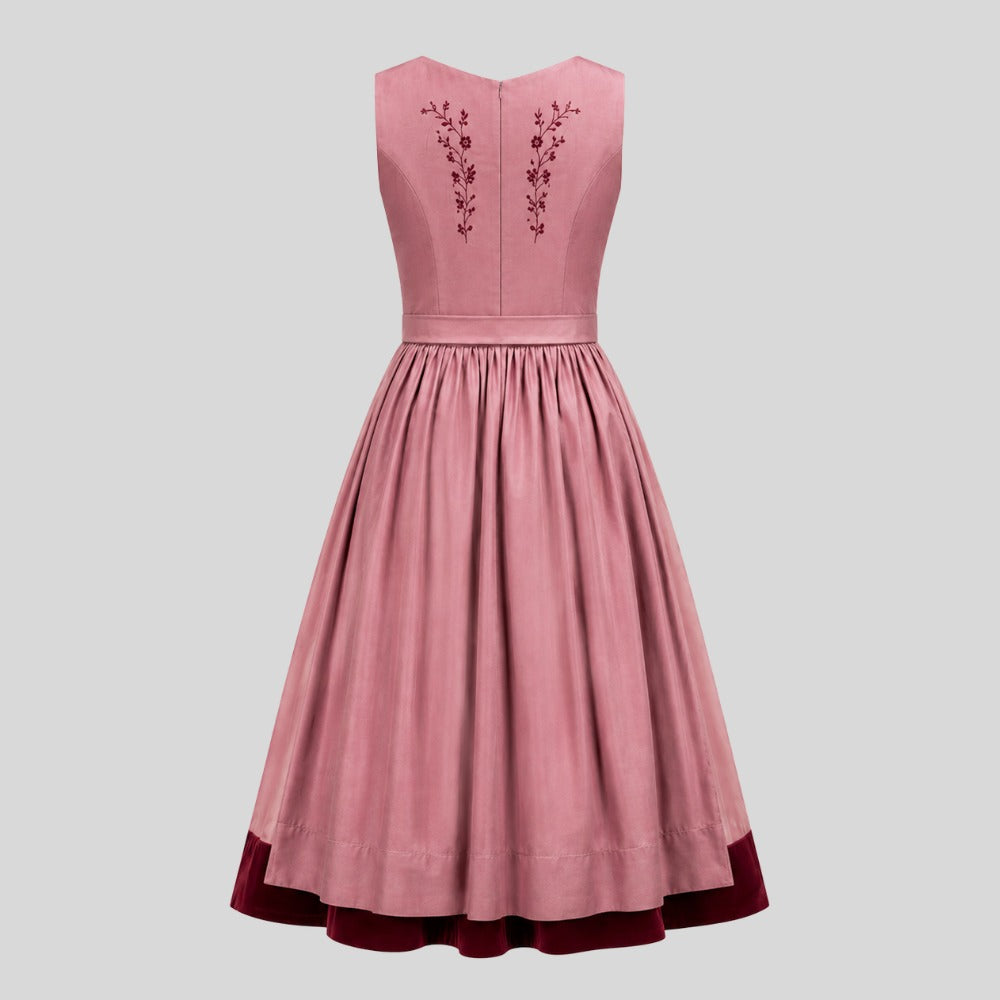 Pink Dirndl Dress with Burgundy Embroidery | Elegant Bavarian Oktoberfest Outfit
