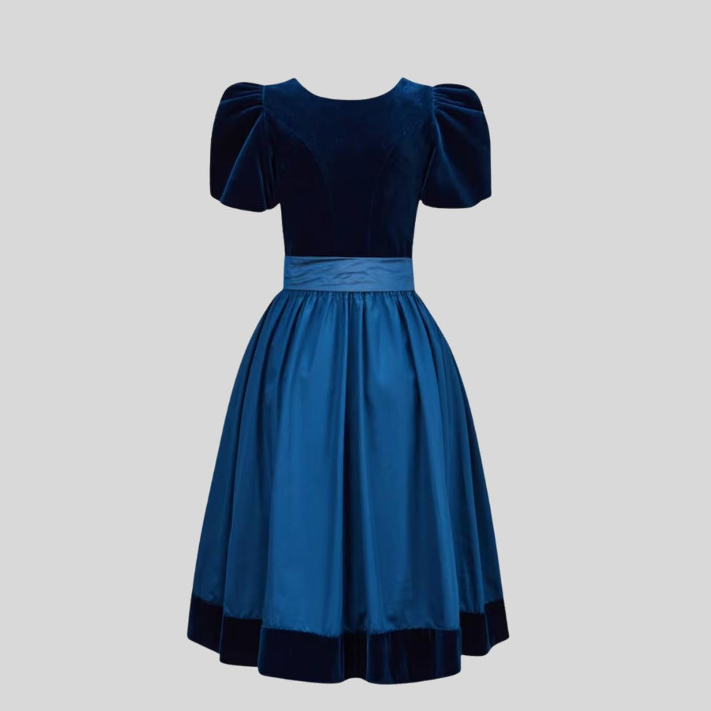 Navy Blue Velvet Dirndl Dress with Satin Apron | Traditional German Oktoberfest