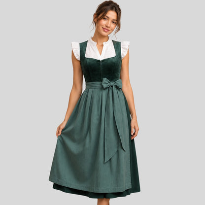 Dark Green Velvet Dirndl Dress with Sage Apron | Traditional Bavarian Oktoberfest Outfit