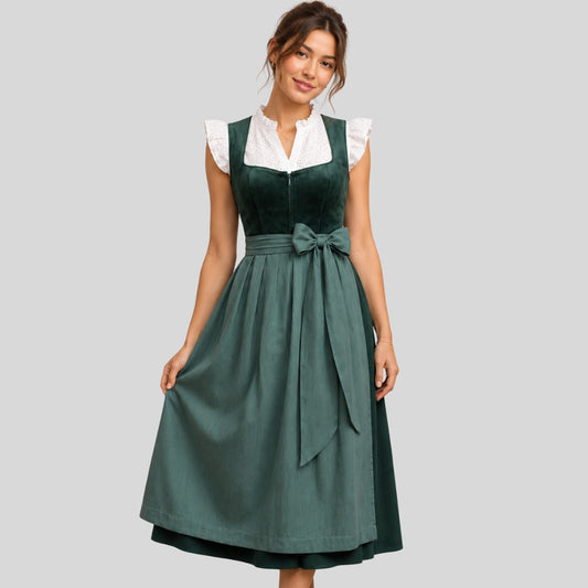 Dark Green Velvet Dirndl Dress with Sage Apron | Traditional Bavarian Oktoberfest Outfit