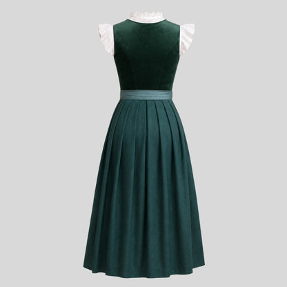 Dark Green Velvet Dirndl Dress with Sage Apron | Traditional Bavarian Oktoberfest Outfit