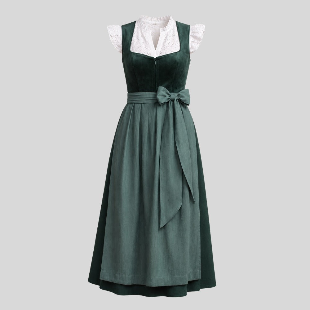 Dark Green Velvet Dirndl Dress with Sage Apron | Traditional Bavarian Oktoberfest Outfit