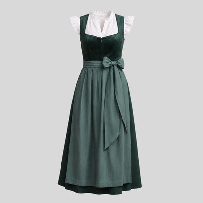 Dark Green Velvet Dirndl Dress with Sage Apron | Traditional Bavarian Oktoberfest Outfit