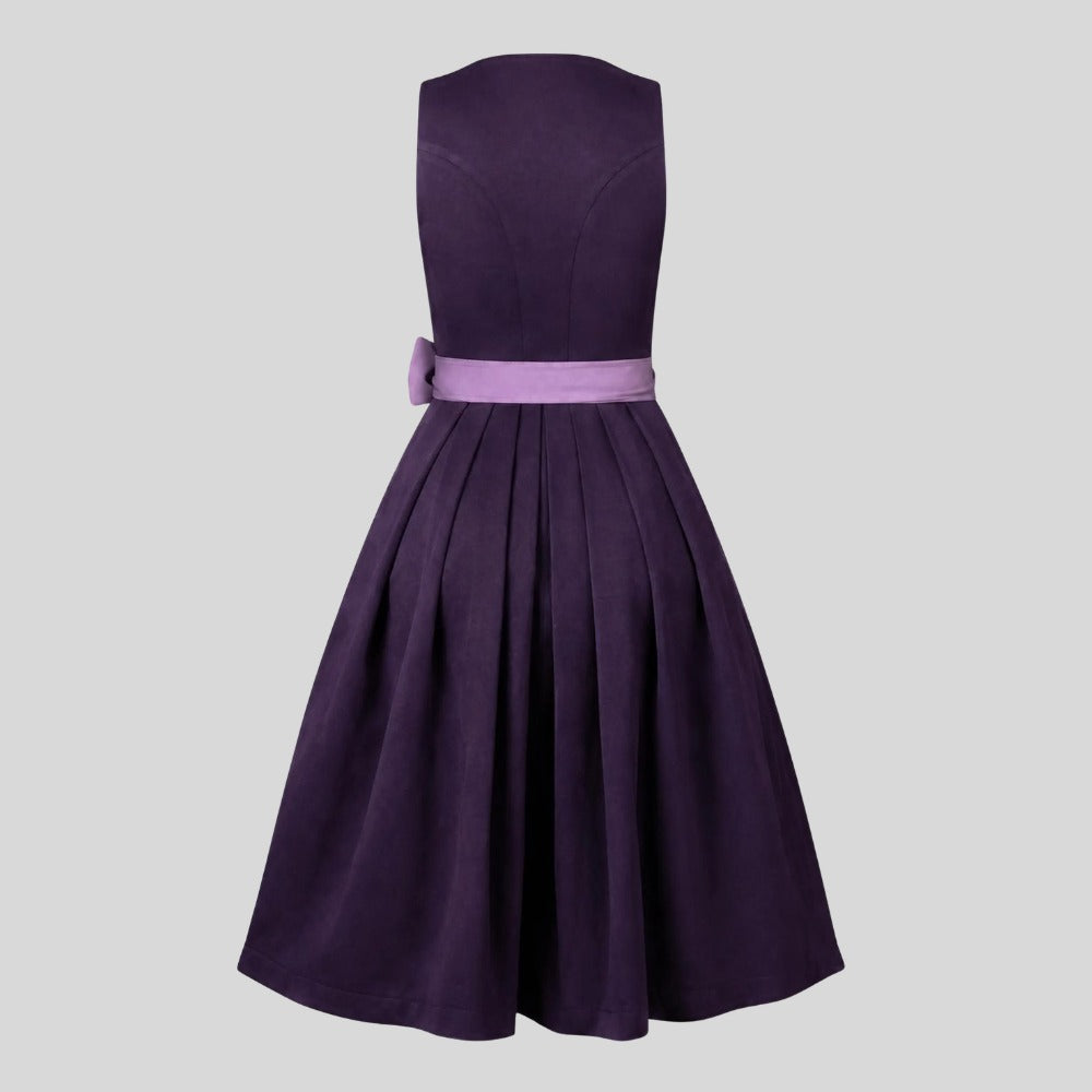 Purple Two-Tone Dirndl Midi Dress with Button-Front Bodice and Bow Belt – 2-Piece Set