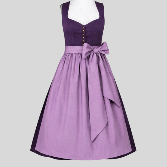 Purple Two-Tone Dirndl Midi Dress with Button-Front Bodice and Bow Belt – 2-Piece Set