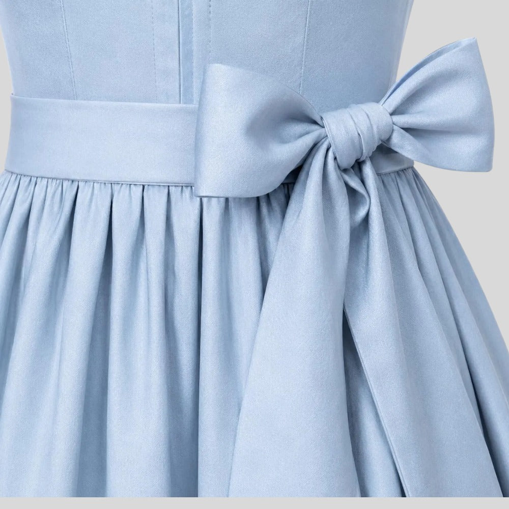 Dusty Blue Dirndl-Style Midi Dress with Puff Sleeve Blouse and Bow Belt – 2-Piece Set