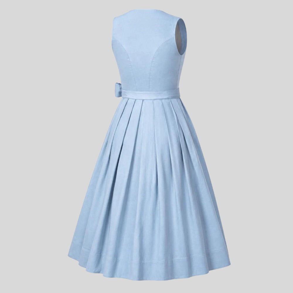 Dusty Blue Dirndl-Style Midi Dress with Puff Sleeve Blouse and Bow Belt – 2-Piece Set