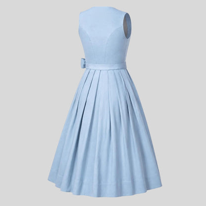 Dusty Blue Dirndl-Style Midi Dress with Puff Sleeve Blouse and Bow Belt – 2-Piece Set