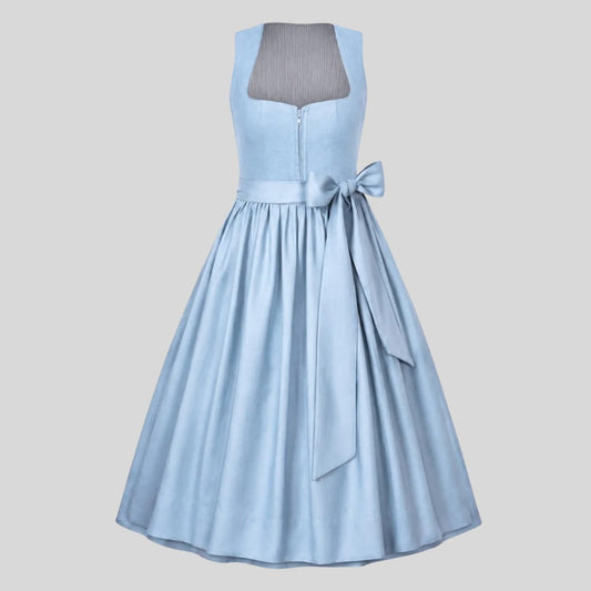 Dusty Blue Dirndl-Style Midi Dress with Puff Sleeve Blouse and Bow Belt – 2-Piece Set