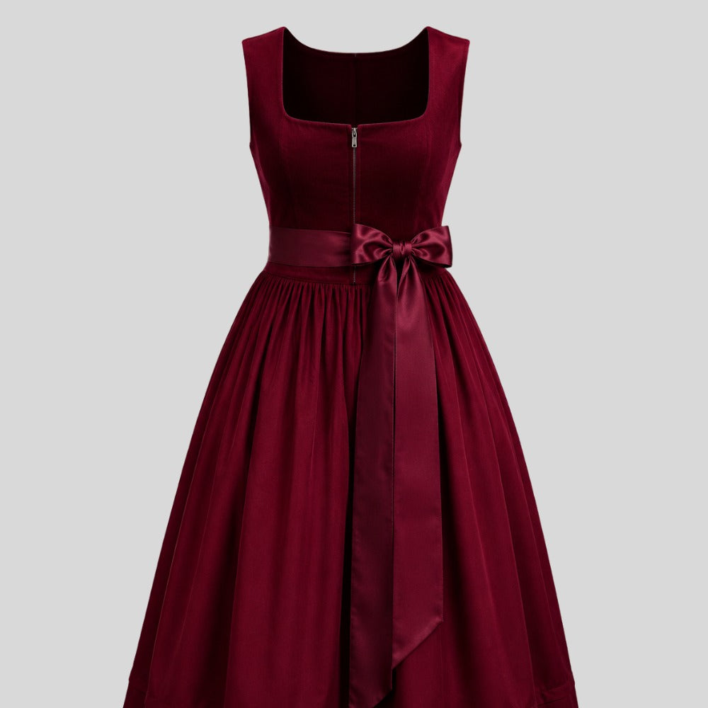 Burgundy Velvet Dirndl Dress with Zip Front and Satin Bow – 2-Piece Oktoberfest Costume