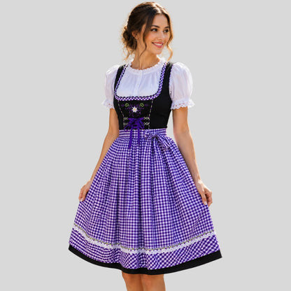 Purple Gingham Check Dirndl Dress with Floral Embroidery – 3-Piece Oktoberfest Costume