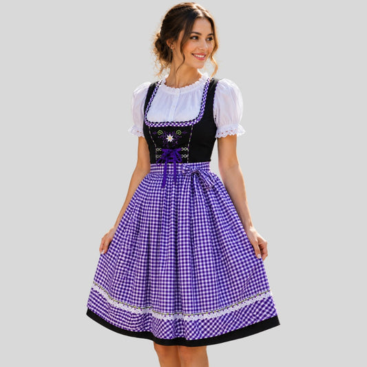 Purple Gingham Check Dirndl Dress with Floral Embroidery – 3-Piece Oktoberfest Costume