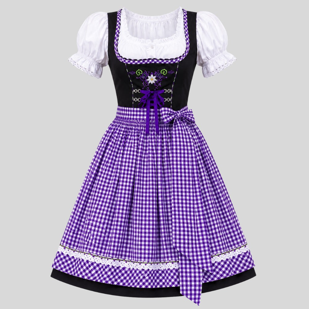 Purple Gingham Check Dirndl Dress with Floral Embroidery – 3-Piece Oktoberfest Costume