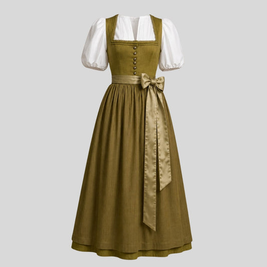 Olive Green Bavarian Dirndl Dress | Traditional Alpine Tracht Midi Kleid