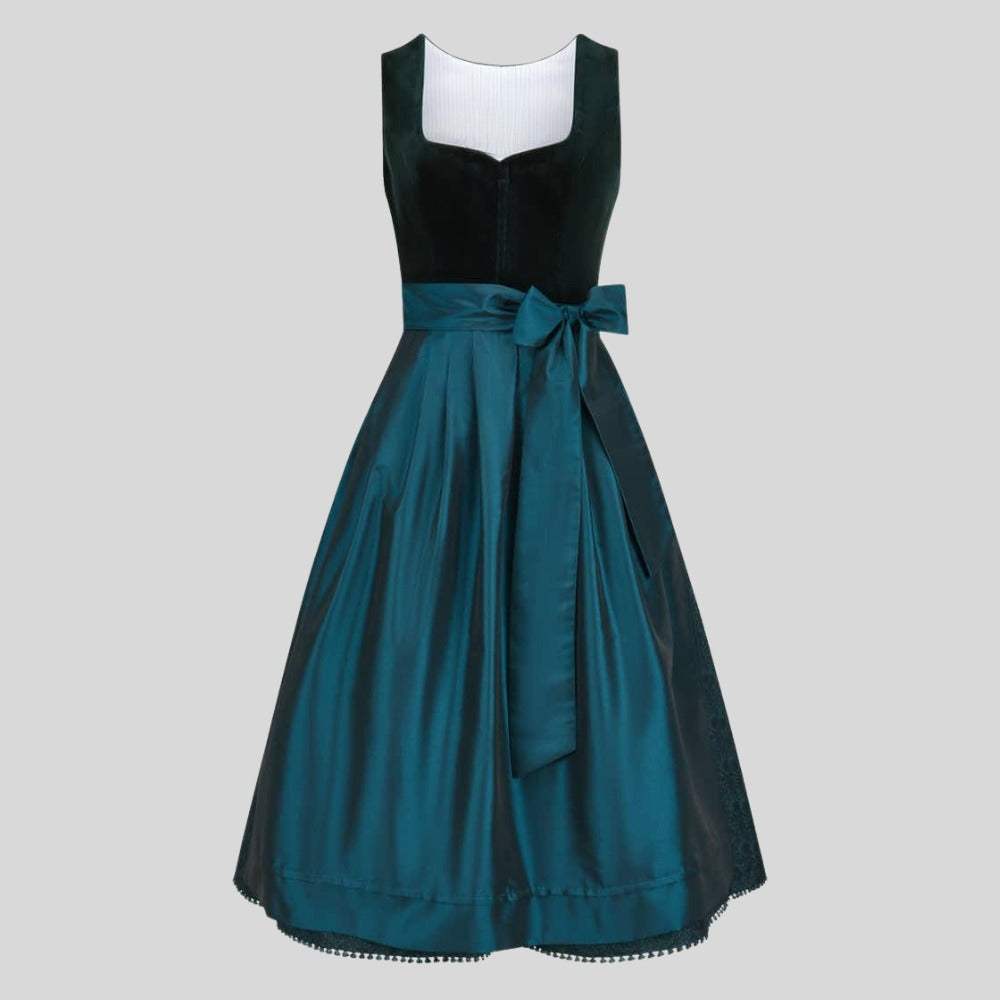 Dark Green Velvet Dirndl Dress with Teal Blue Skirt