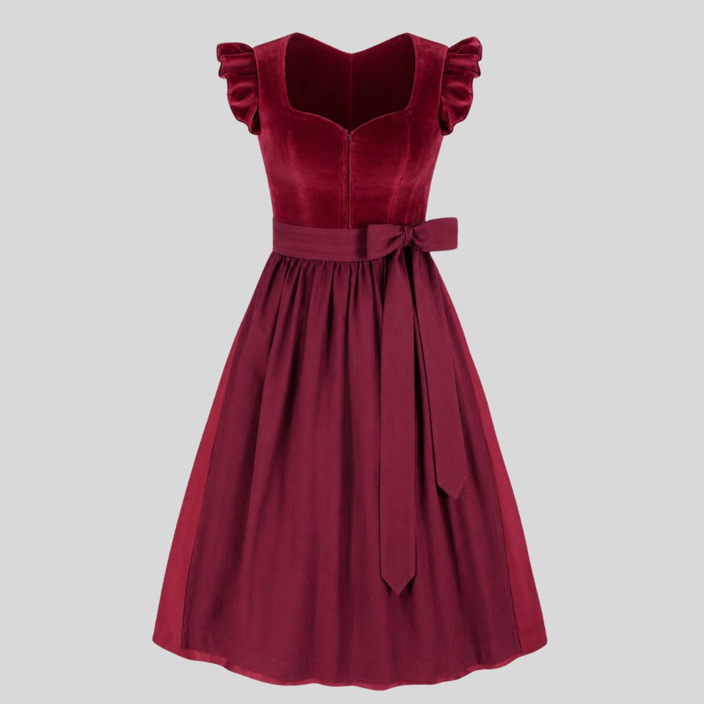 Burgundy Velvet Dirndl Dress | Ruffle Sleeve Bavarian Trachtenkleid