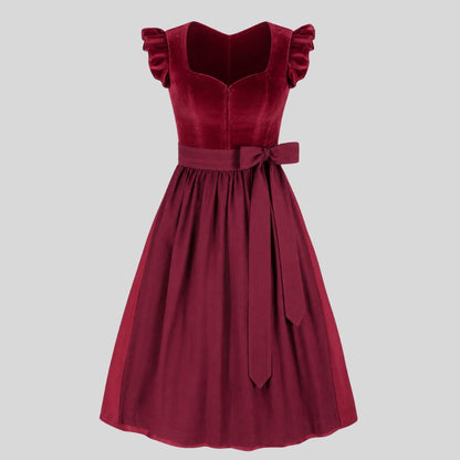 Burgundy Velvet Dirndl Dress | Ruffle Sleeve Bavarian Trachtenkleid