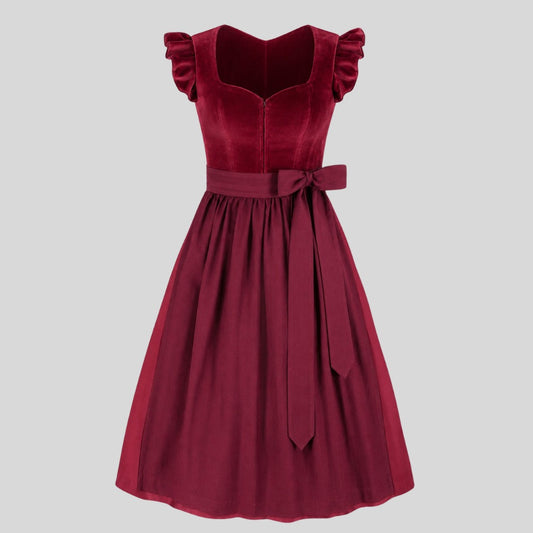 Burgundy Velvet Dirndl Dress | Ruffle Sleeve Bavarian Trachtenkleid